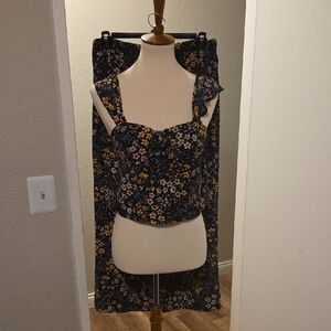 Floral Black & Yellow Midi Skirt Set - Women